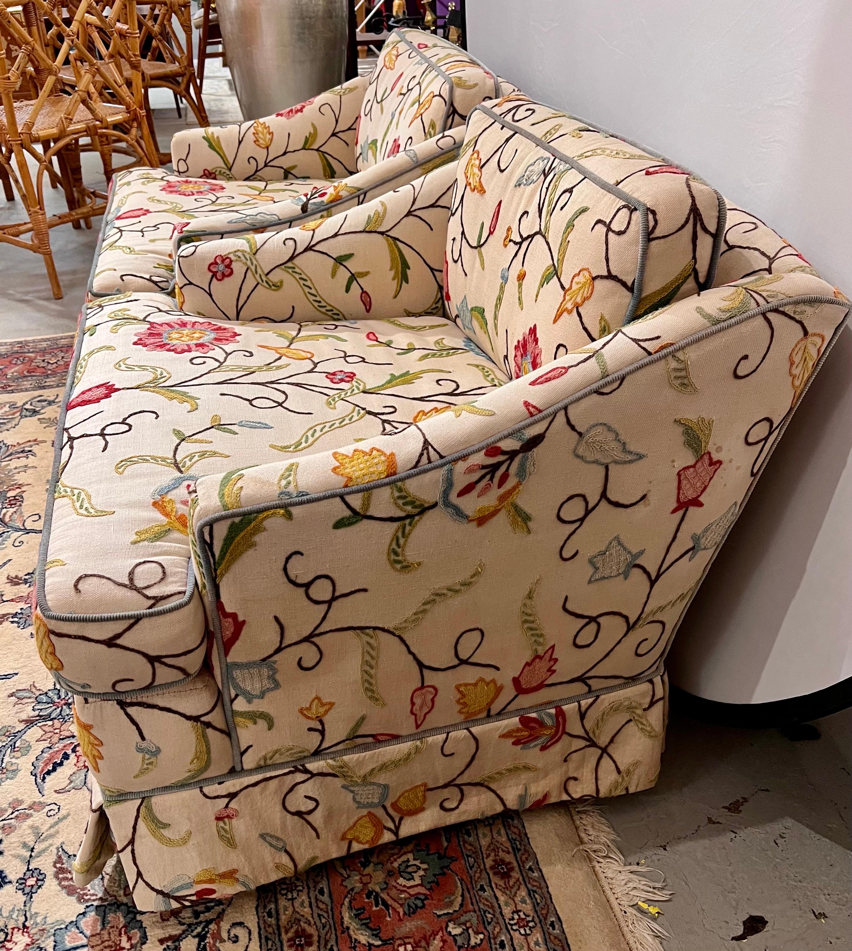 Upholstery Pair of Upholstered Club Chairs on Castors in Floral Crewel Work