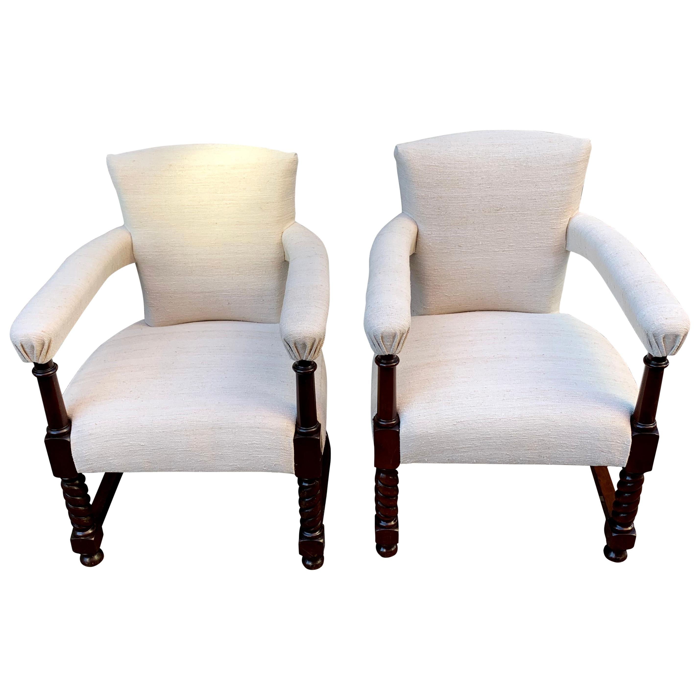 Pair of Upholstered Vintage Belgian Linen Club Chairs, Scotland, 19th Century