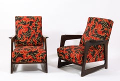 Pair of Upholstered Darkened Oak René Gabriel Style Armchairs - France 1950's