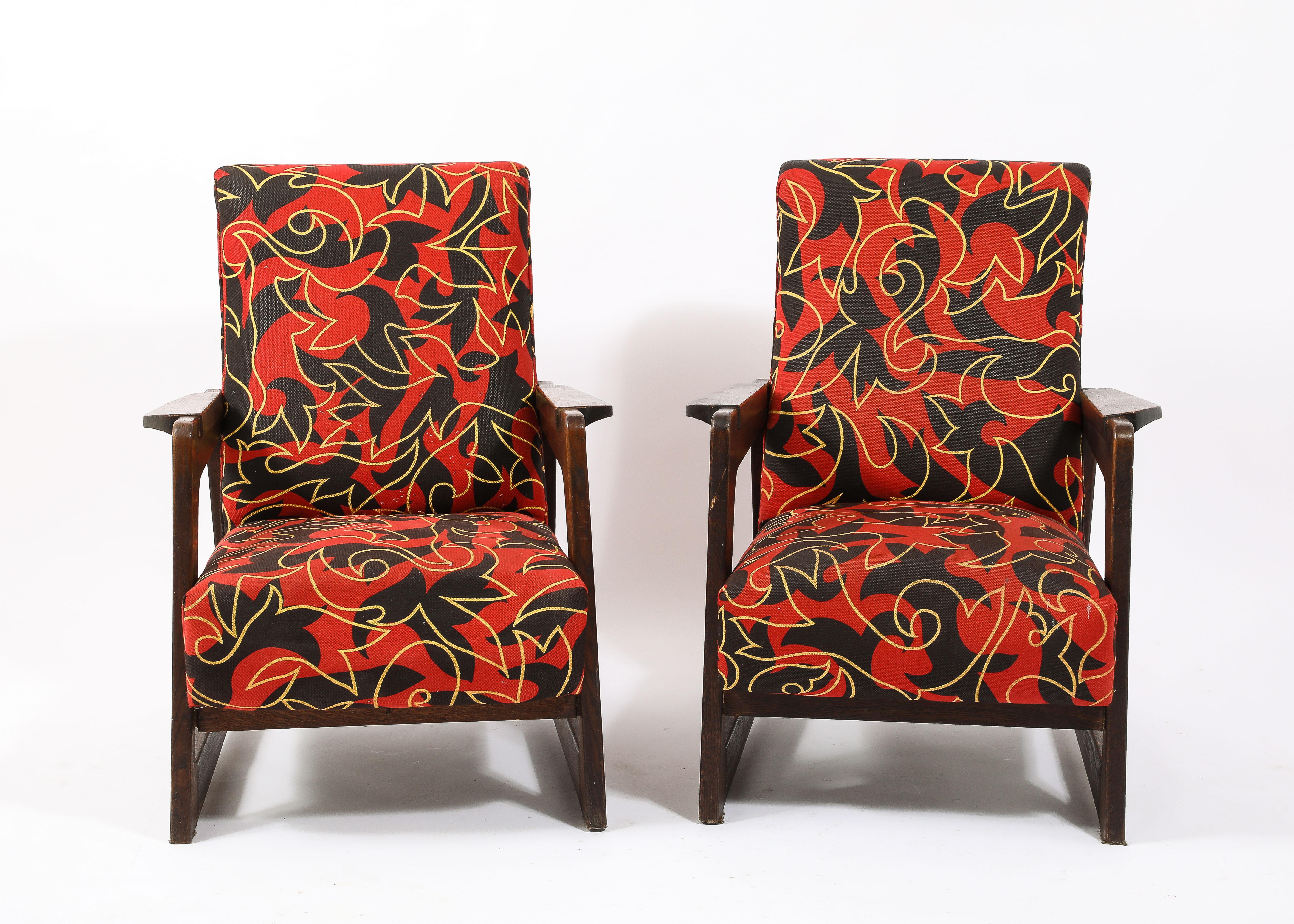 Mid-Century moderno Coppia di poltrone imbottite in Oak scurito in stile René Gabriel - Francia anni '50 in vendita