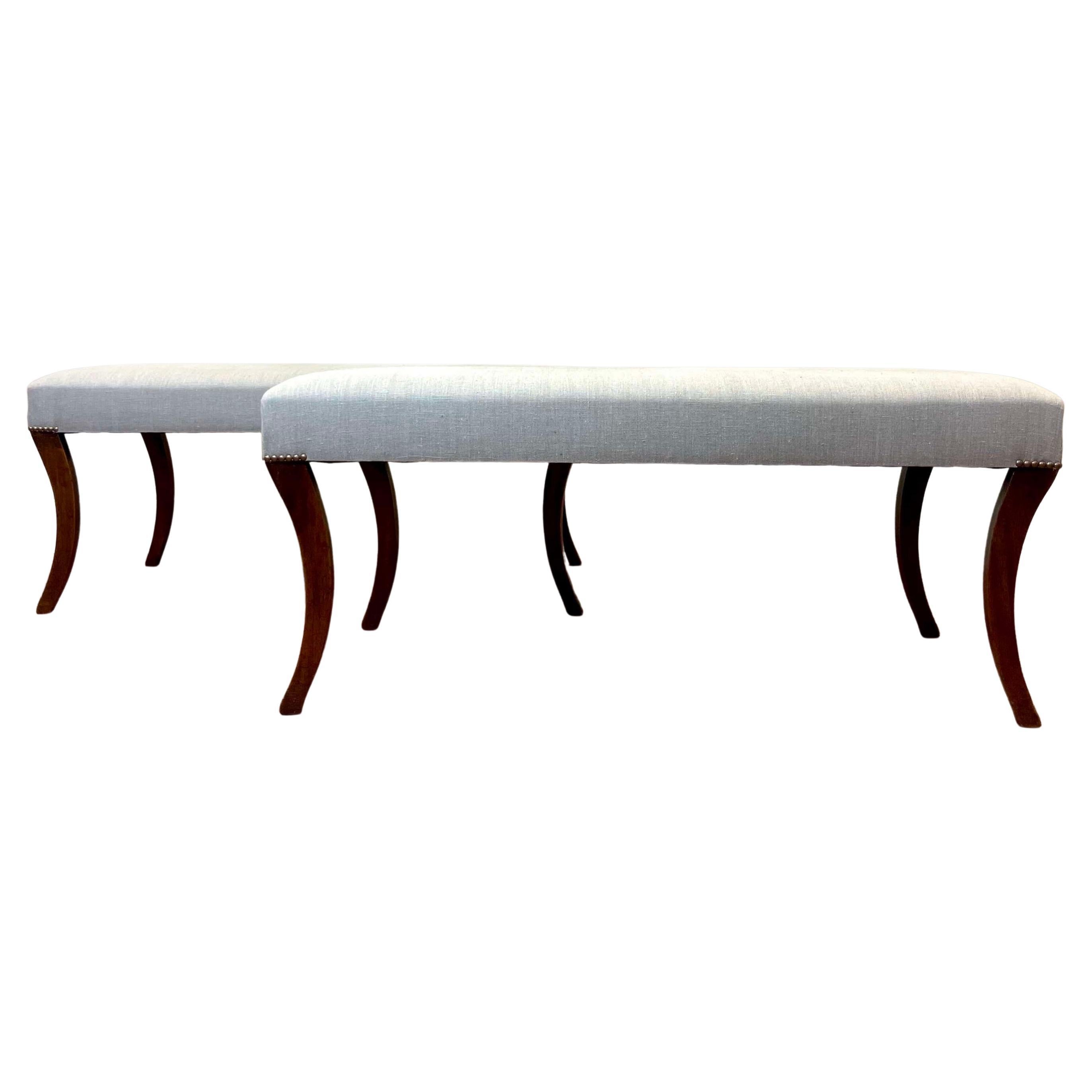Pair of Upholstered English Sabre Leg Benches / Footstools