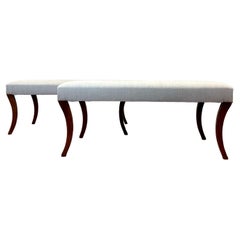 Pair of Upholstered English Sabre Leg Benches / Footstools