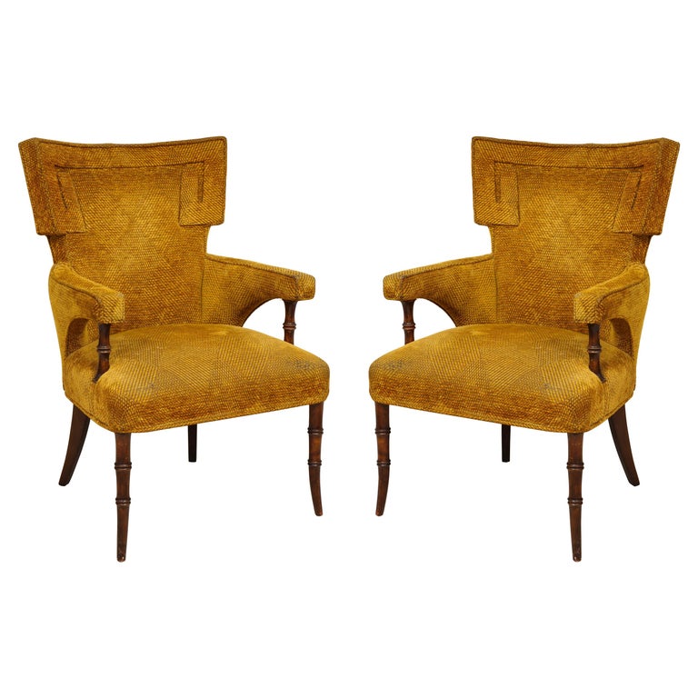 Pair of Upholstered Faux-Bamboo Fireside Armchairs For Sale