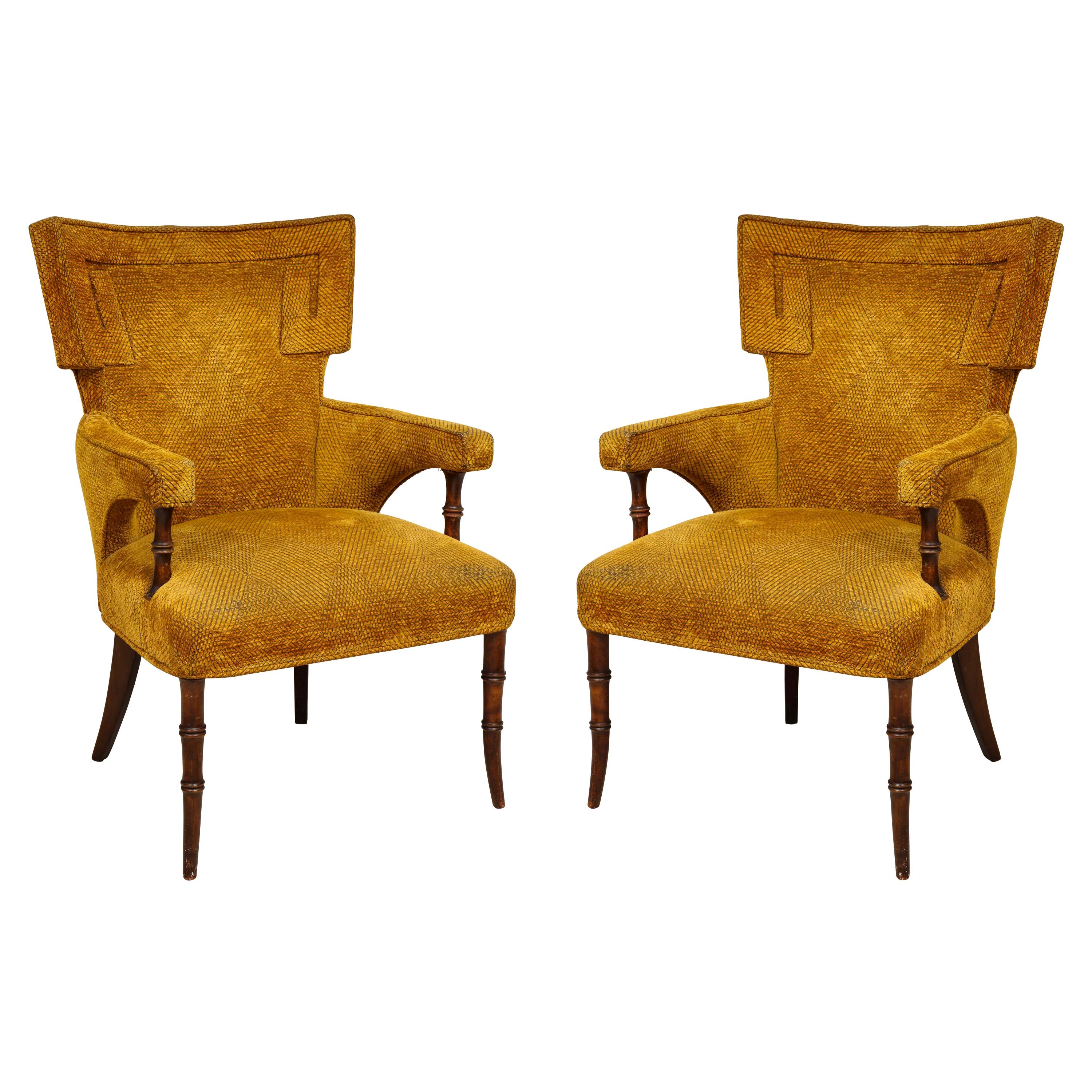 Pair of Upholstered Faux-Bamboo Fireside Armchairs