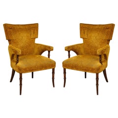 Vintage Pair of Upholstered Faux-Bamboo Fireside Armchairs