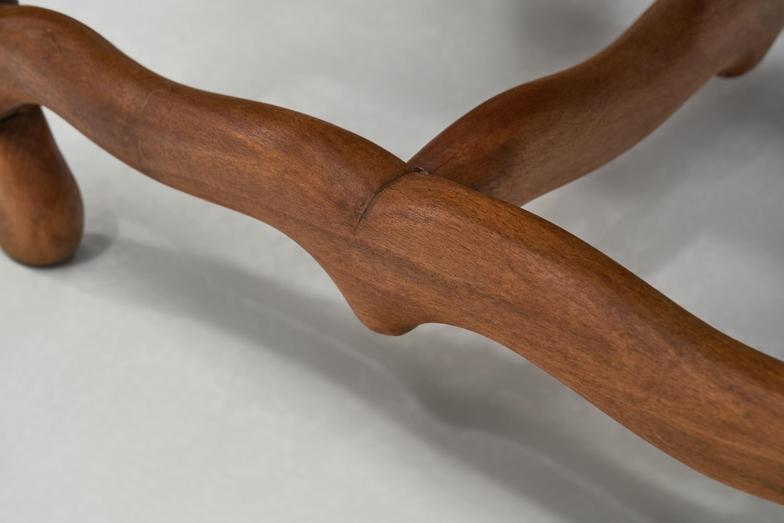 Pair of Upholstered Footstools with Curved Wooden Legs, Europe Mid-20th Century For Sale 6