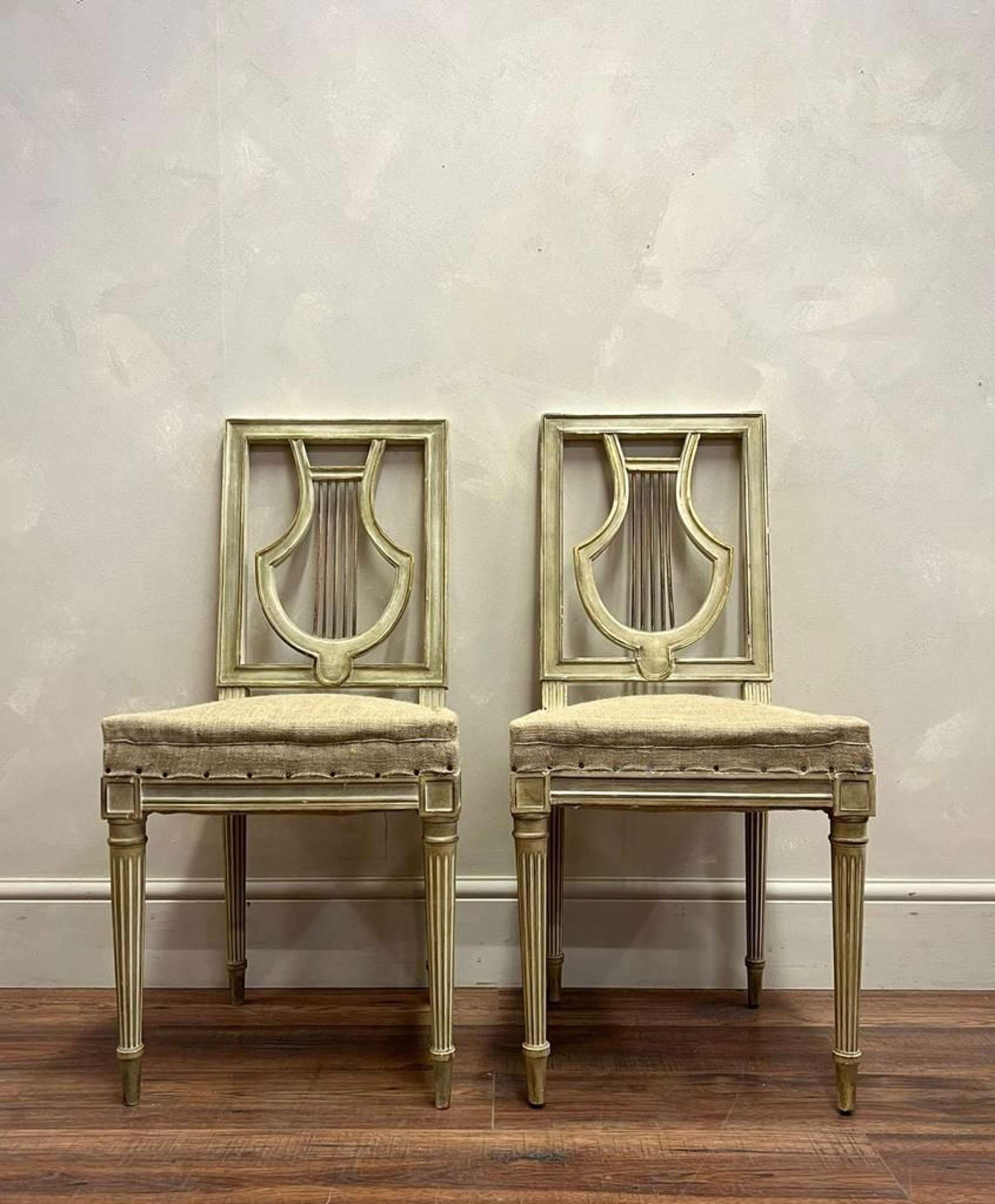 Lovely Pair of French Lyre back chairs.
New hessian traditional upholstery with webbing.
Worn in minimal places, but very good condition and solid.
Back Height - 88.5 cm / 34.8