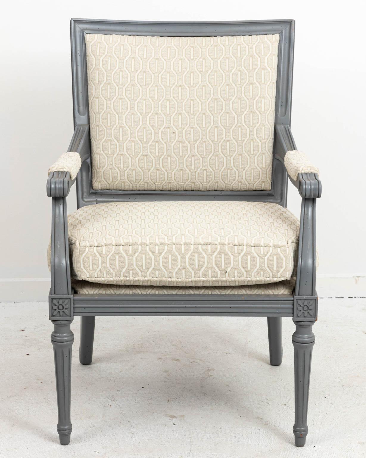 Painted Pair of Upholstered French Directoire Style Armchairs