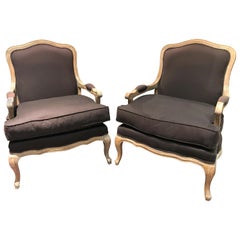 Pair of Upholstered French Style Oak Bergère Chairs