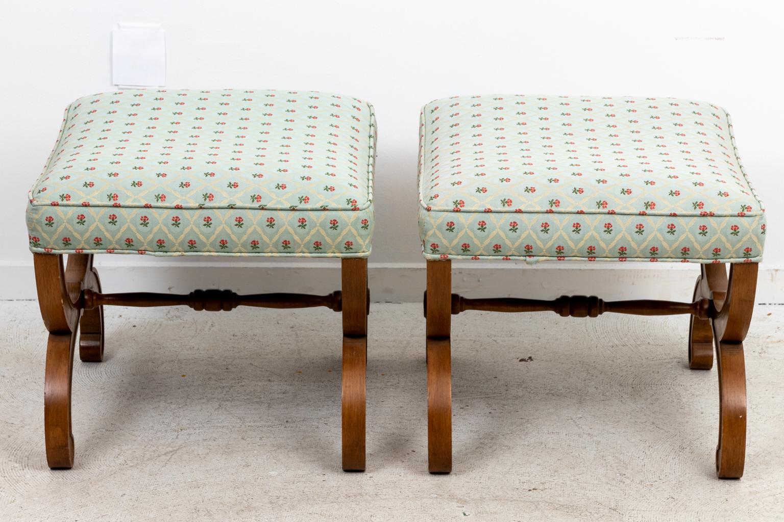 20th Century Pair of Upholstered French Yew Wood Curule Benches