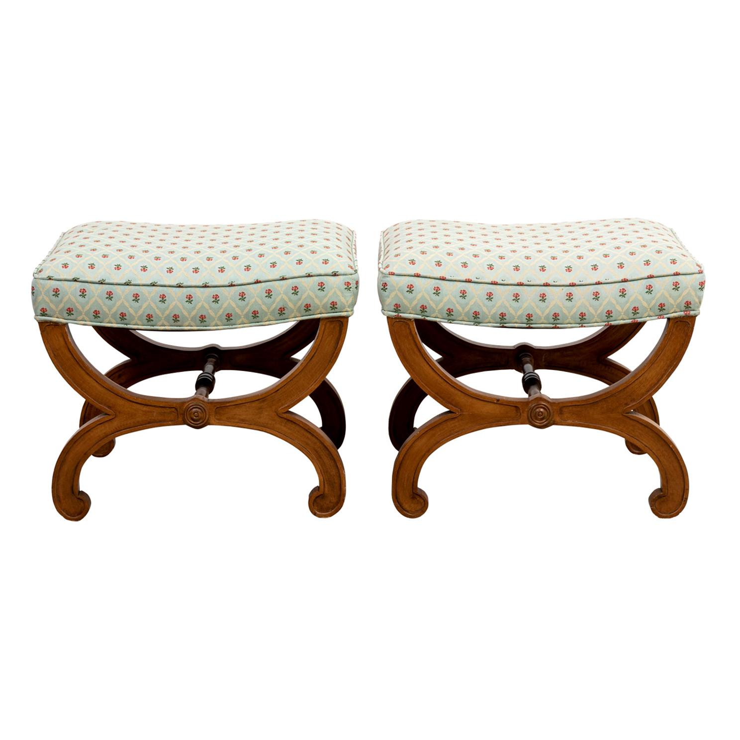 Pair of Upholstered French Yew Wood Curule Benches