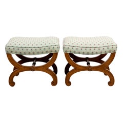Pair of Upholstered French Yew Wood Curule Benches