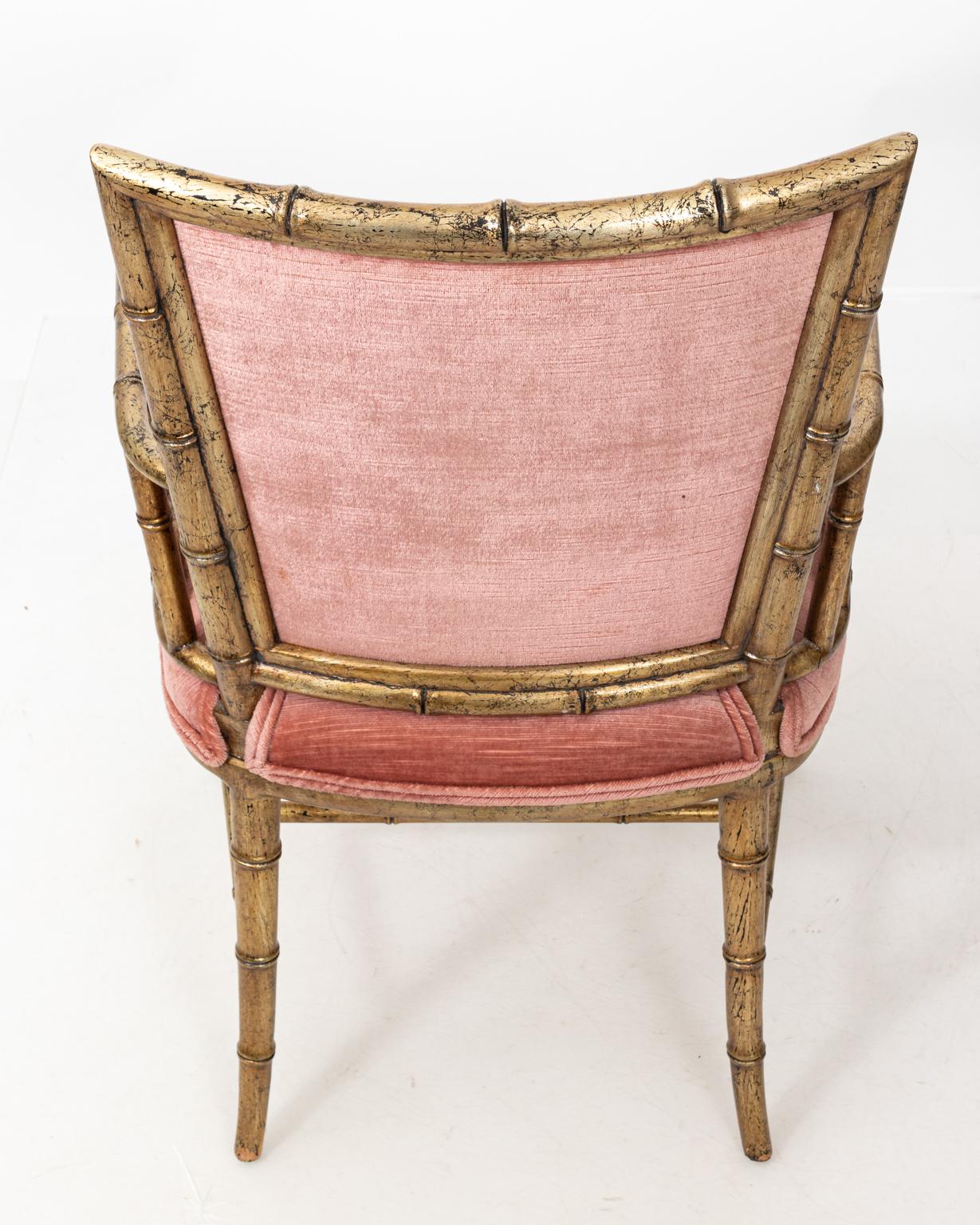 Upholstery Pair of Upholstered Gilt Faux Bamboo Armchairs