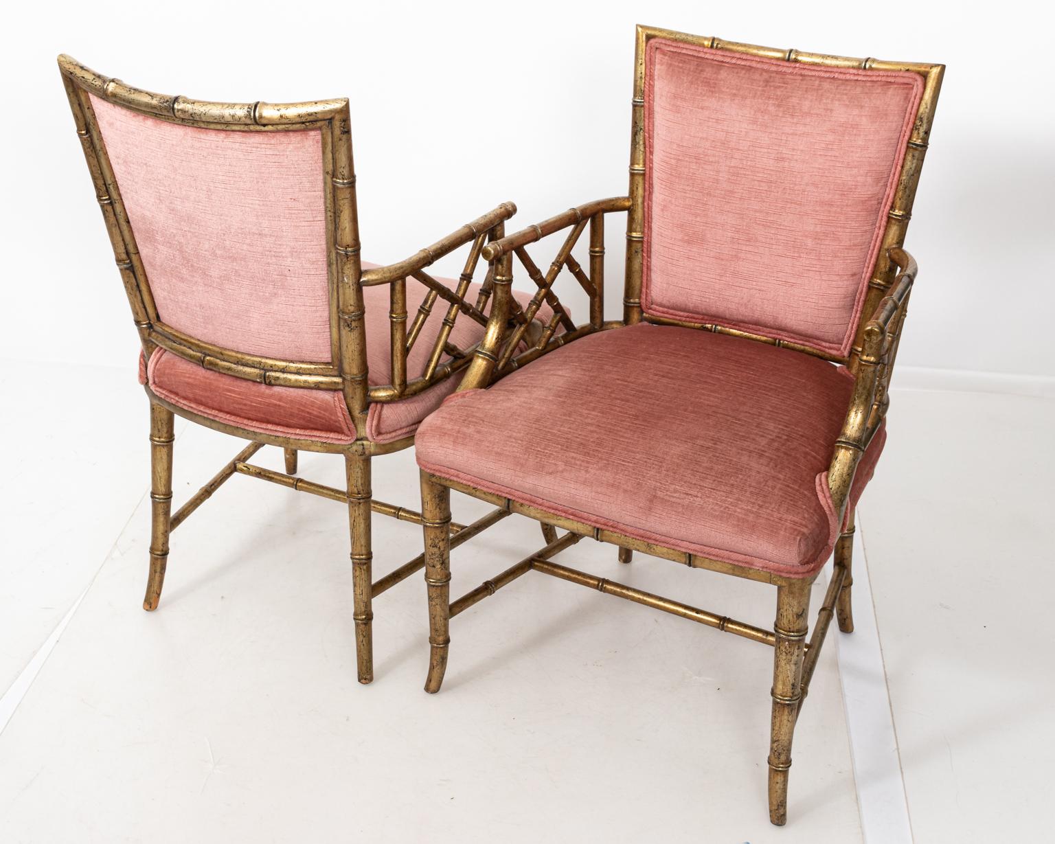Pair of Upholstered Gilt Faux Bamboo Armchairs 1