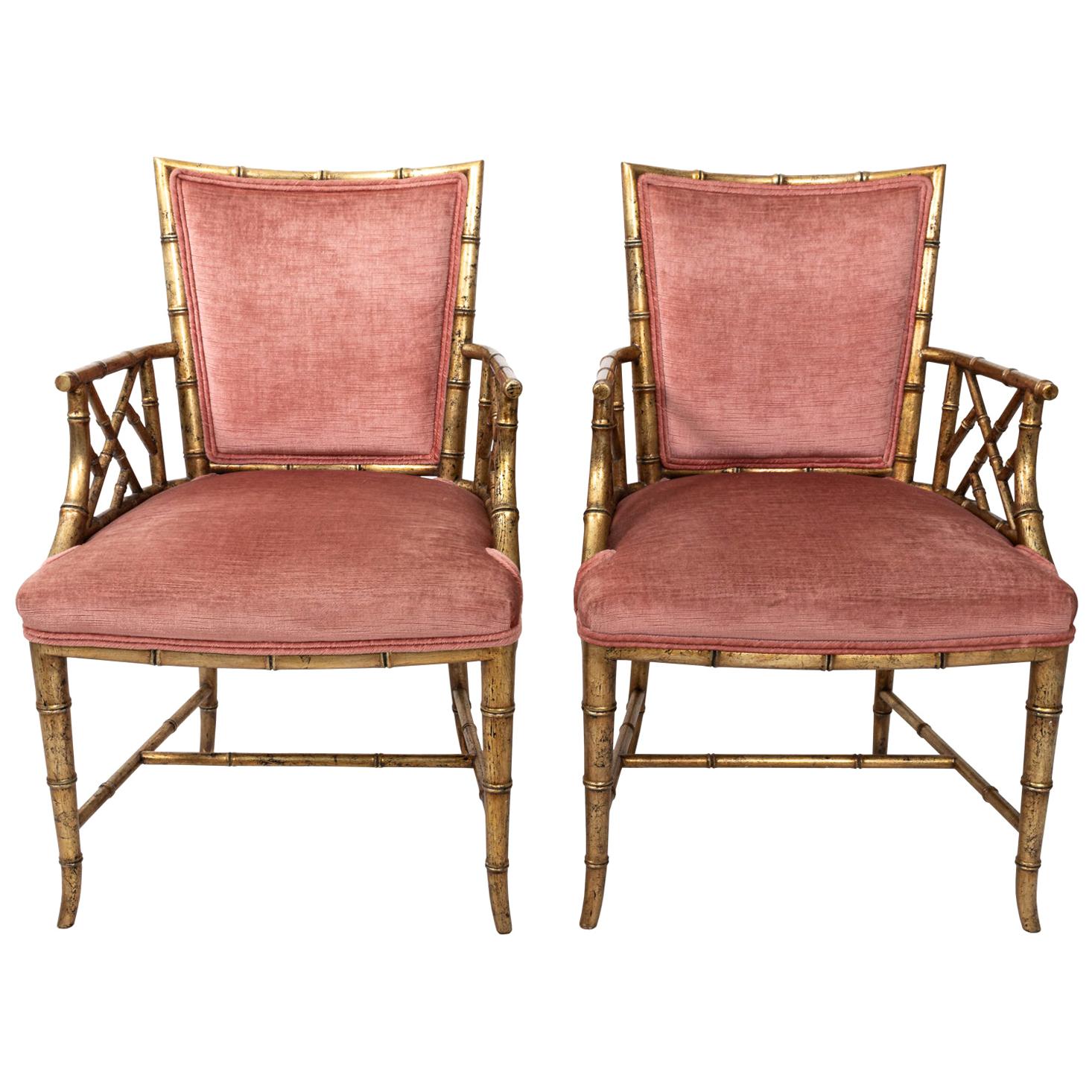 Pair of Upholstered Gilt Faux Bamboo Armchairs