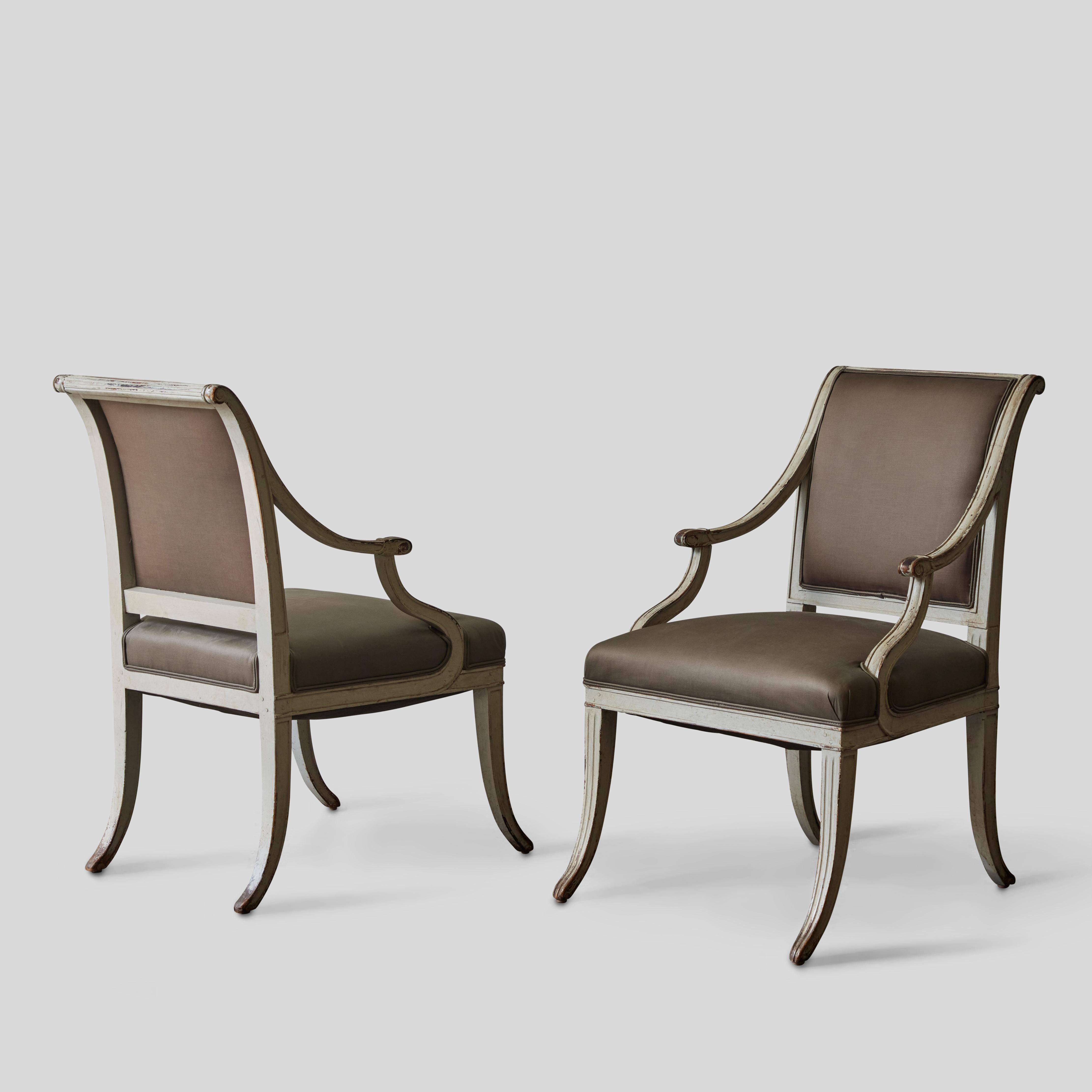 Silk Pair of Upholstered Gustavian Armchairs