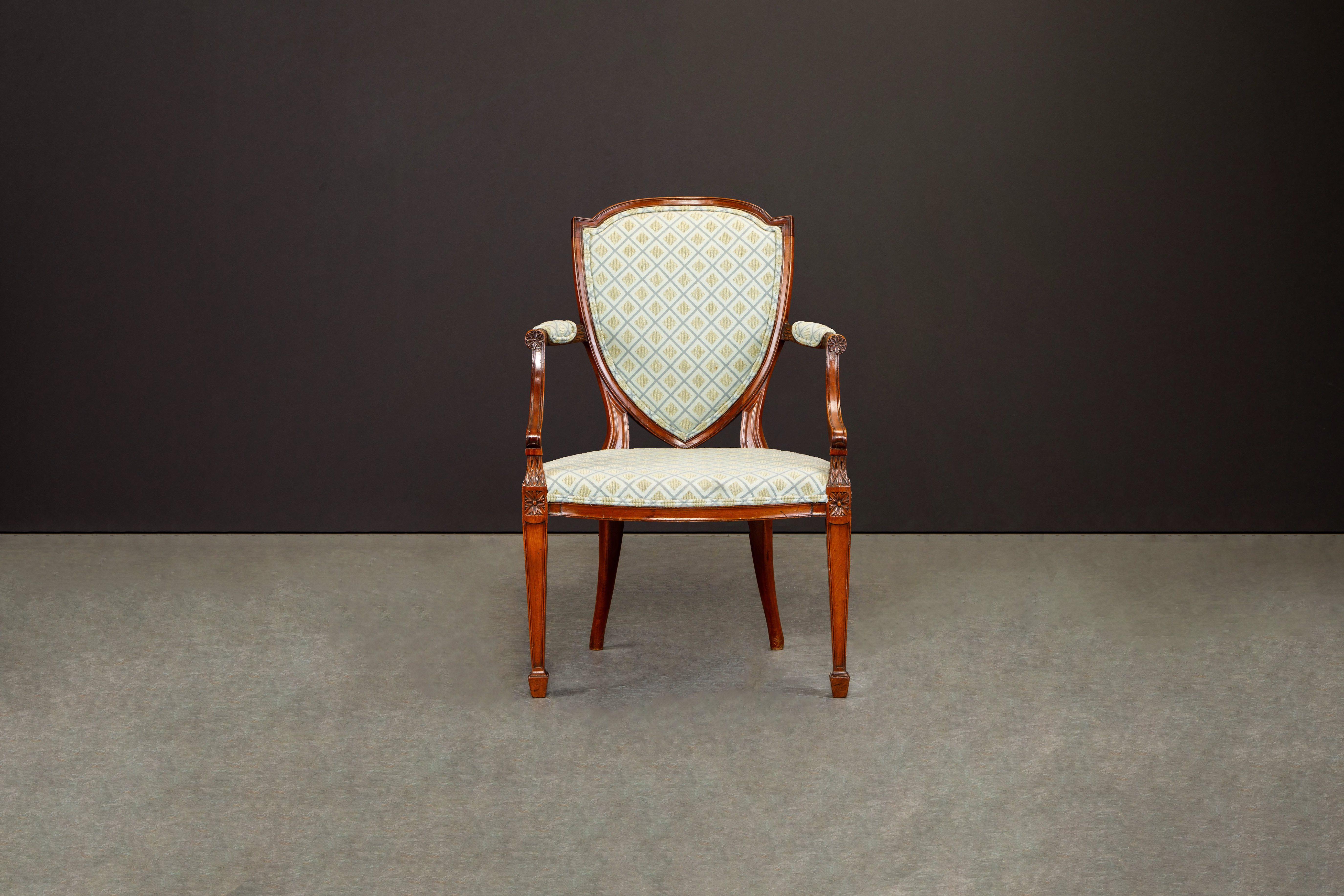 English Pair of Upholstered Hepplewhite Shield-Back Armchairs w Provenance, circa 1870s For Sale