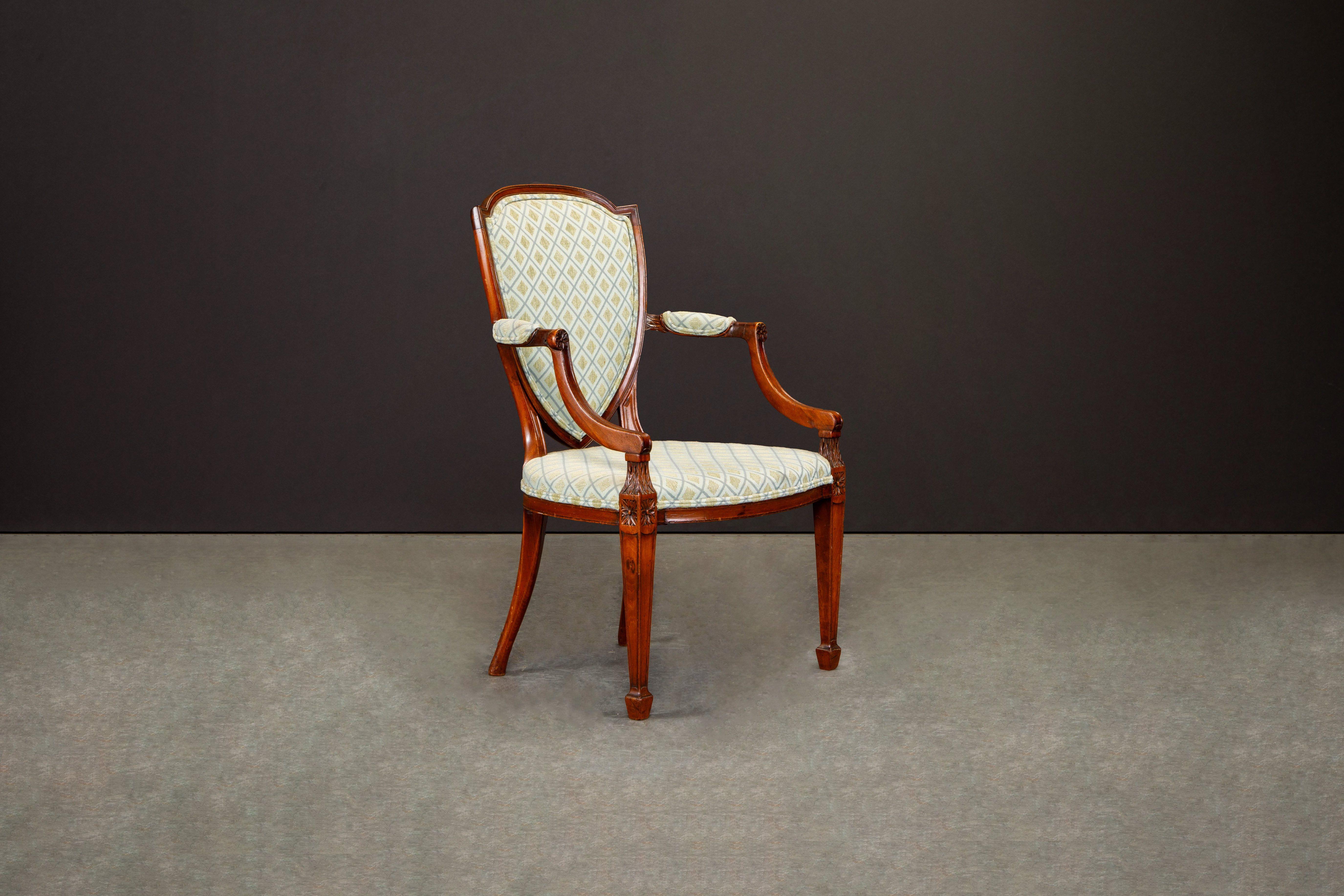 Late 19th Century Pair of Upholstered Hepplewhite Shield-Back Armchairs w Provenance, circa 1870s For Sale