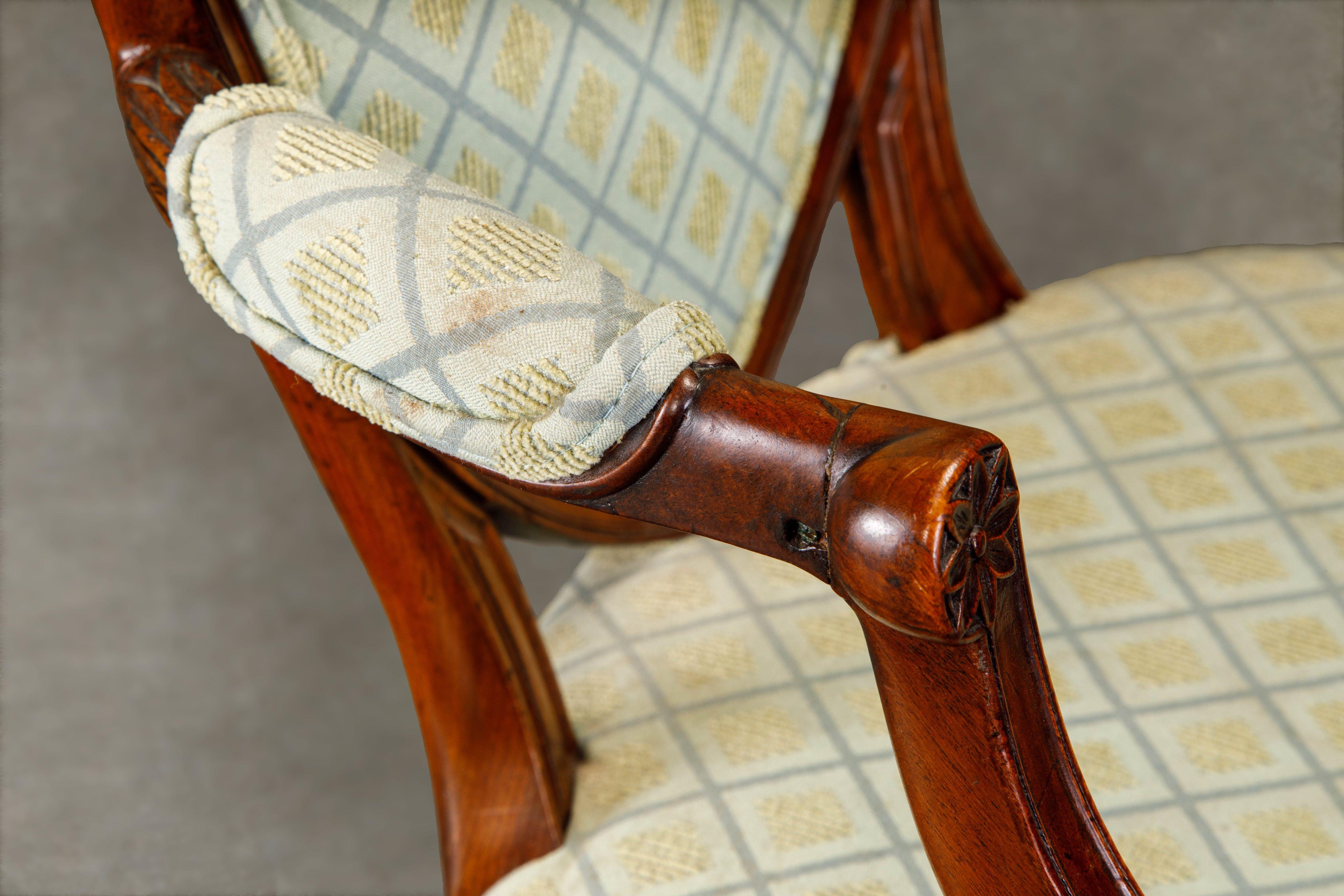 Fabric Pair of Upholstered Hepplewhite Shield-Back Armchairs w Provenance, circa 1870s For Sale