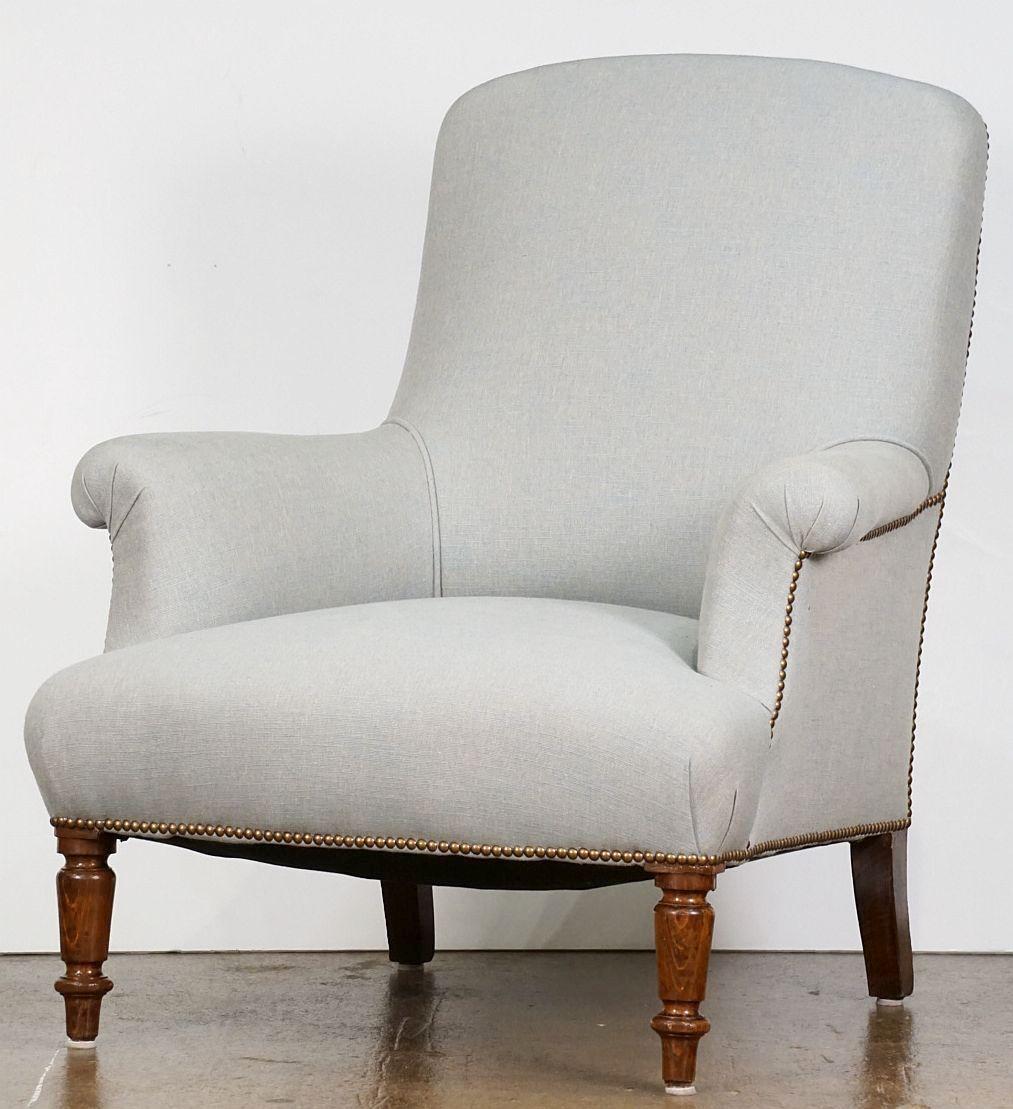 French Pair of Upholstered Linen Armchairs from France - Individually Priced For Sale