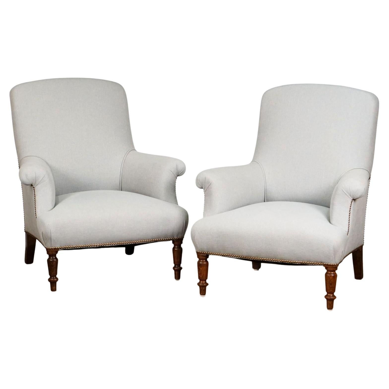 Pair of Upholstered Linen Armchairs from France - Individually Priced For Sale