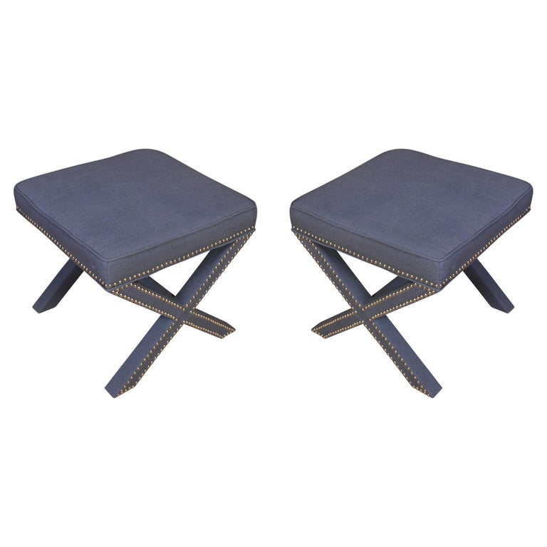 Pair of Upholstered Linen Benches With Nickel Nailheads and X Base For