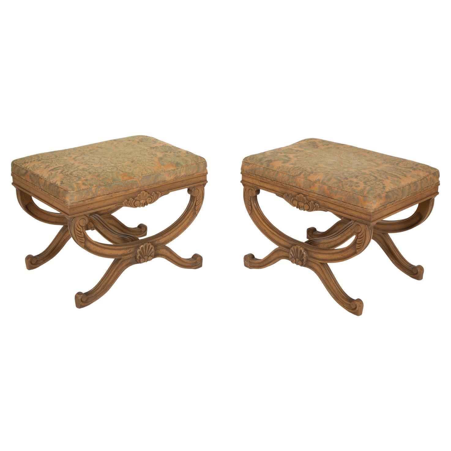 Pair of Upholstered Louis XVI Style Curule Stools, 20th Century