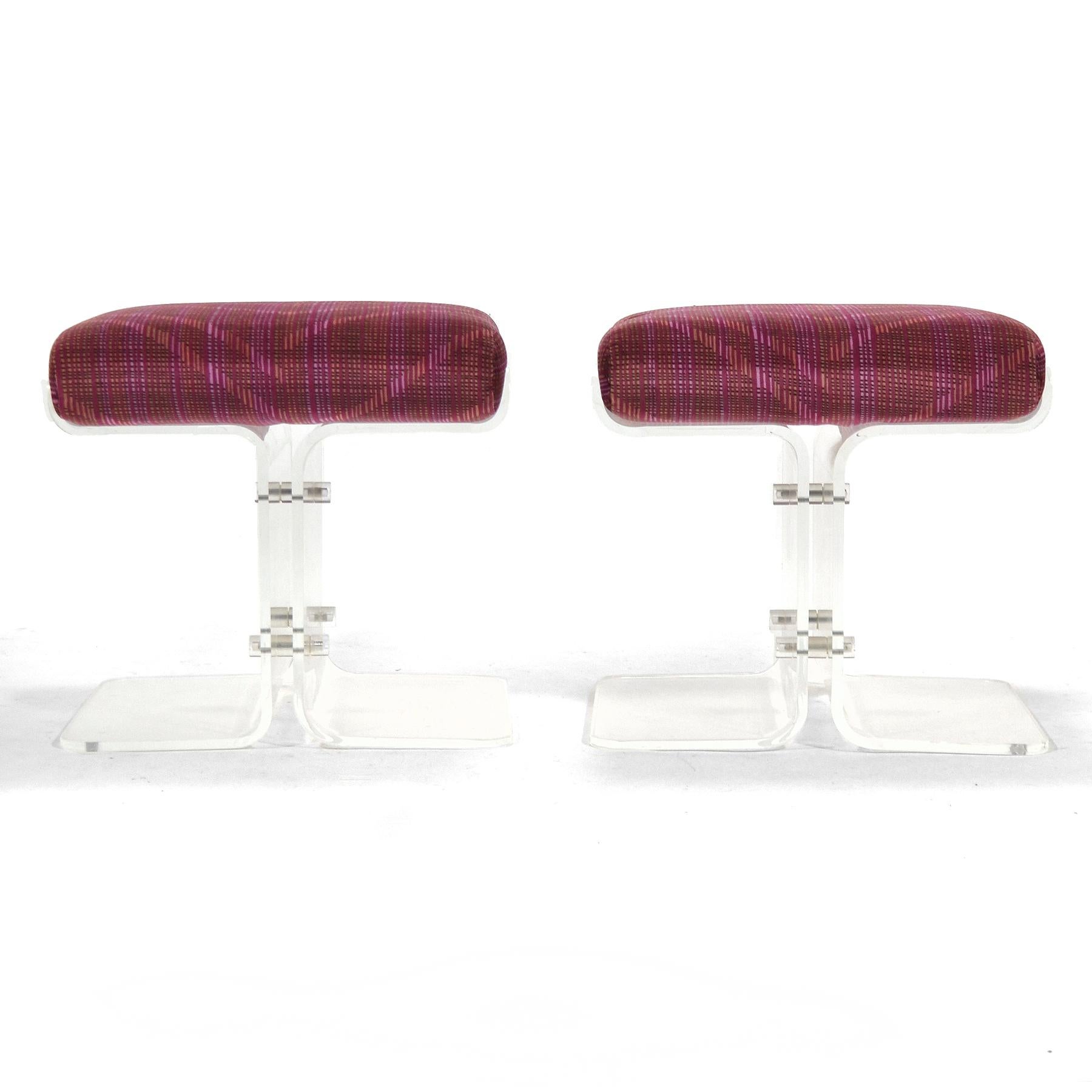 Mid-Century Modern Pair of Upholstered Lucite Stools For Sale