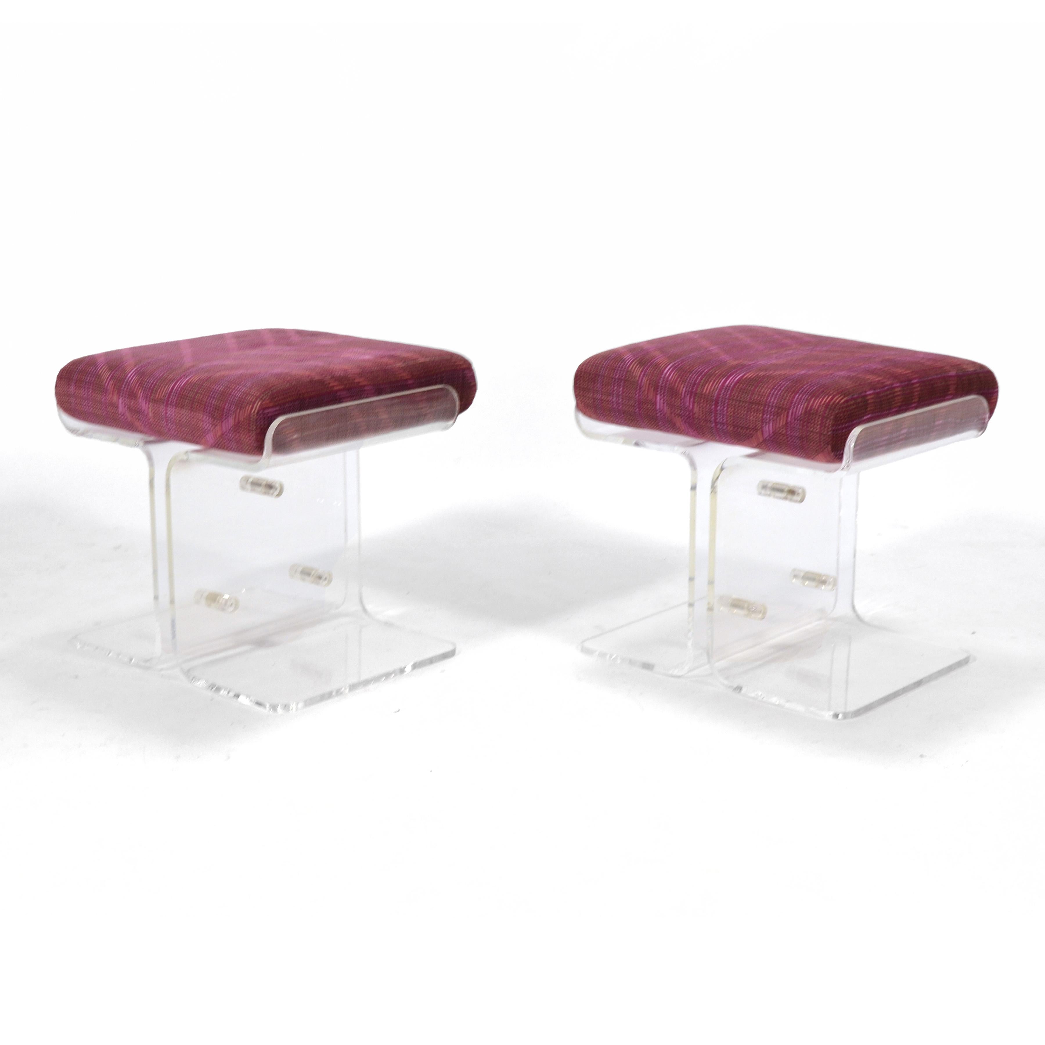 American Pair of Upholstered Lucite Stools For Sale