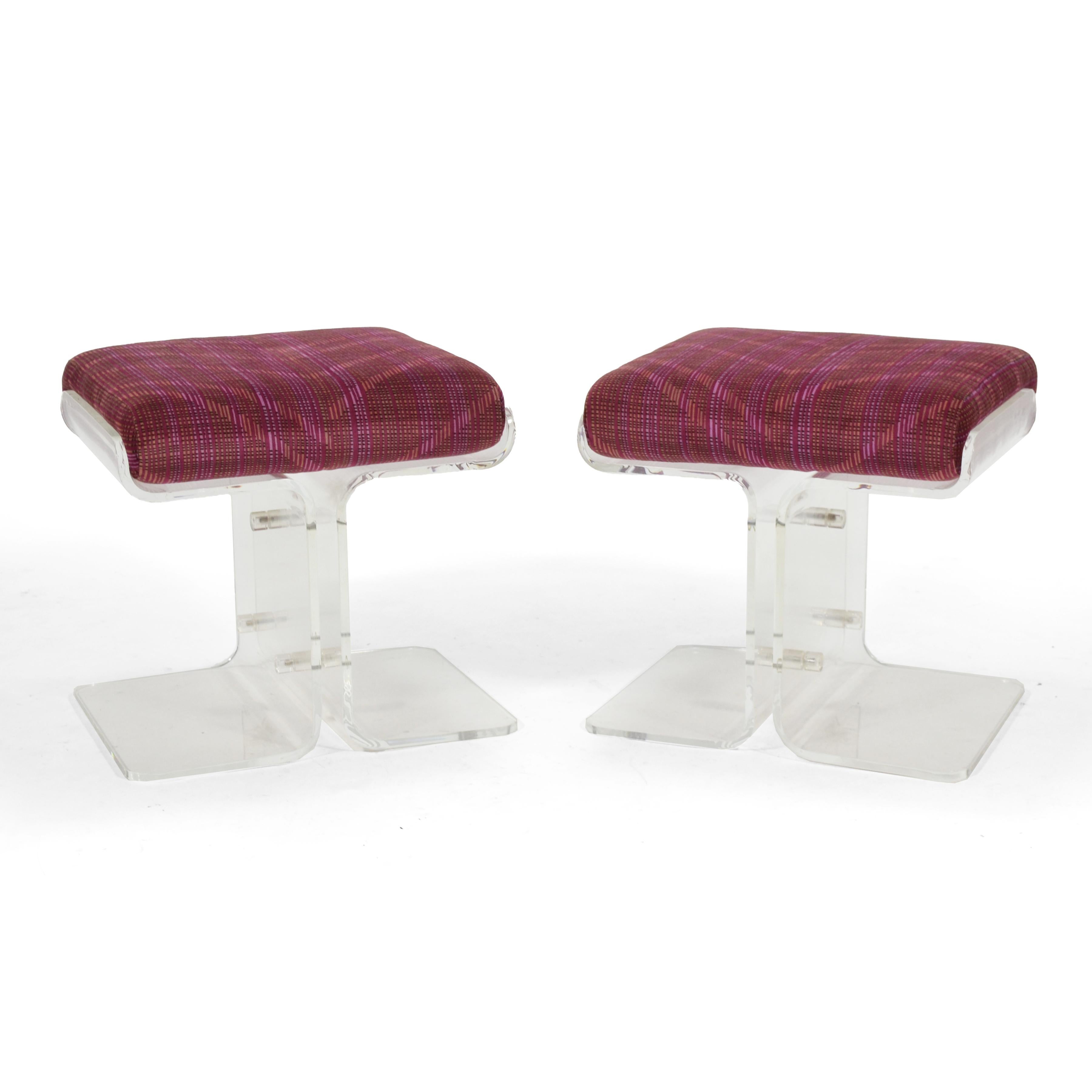 Late 20th Century Pair of Upholstered Lucite Stools For Sale