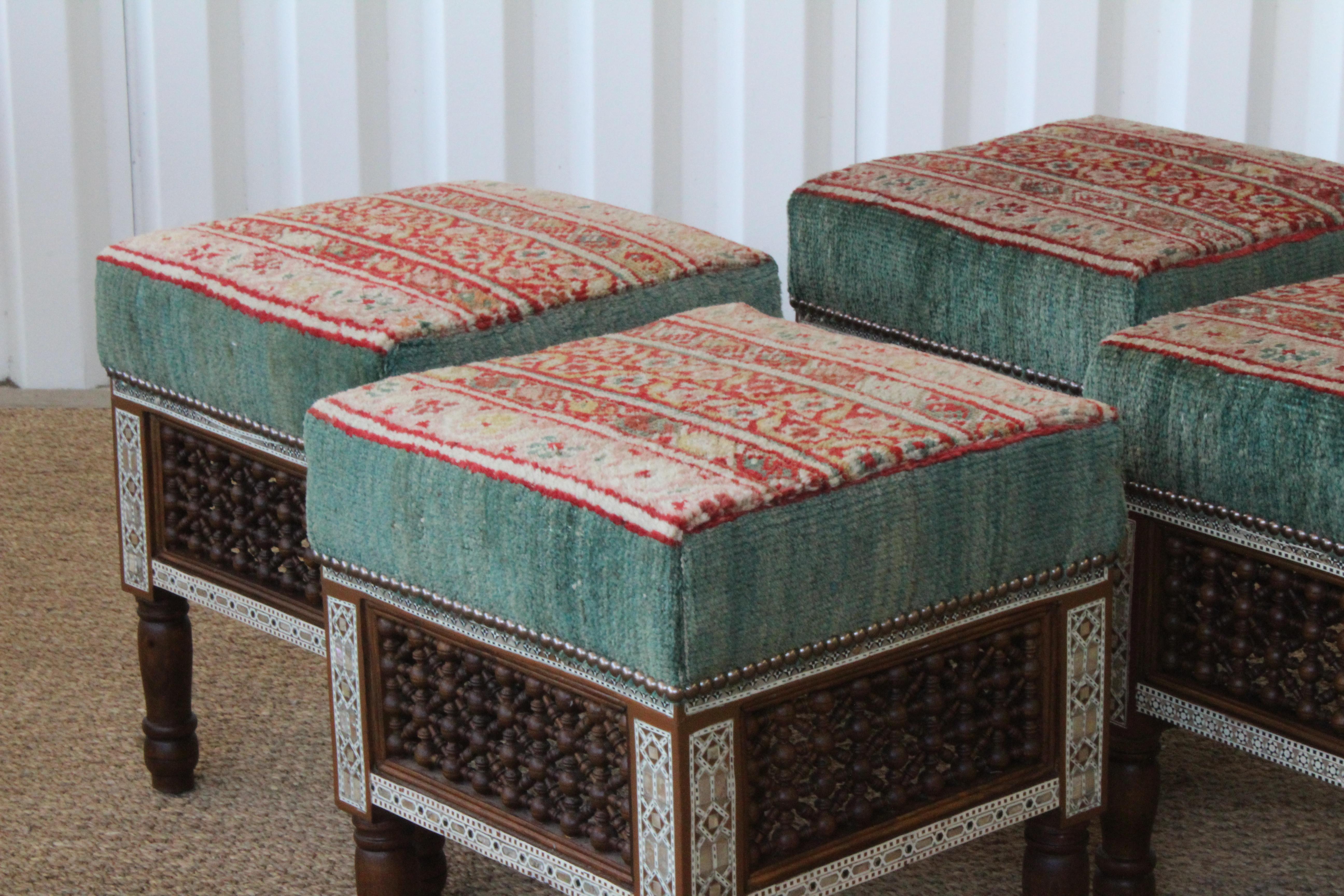 Pair of Upholstered Moorish Stools. One Pair Available. In Excellent Condition In Los Angeles, CA