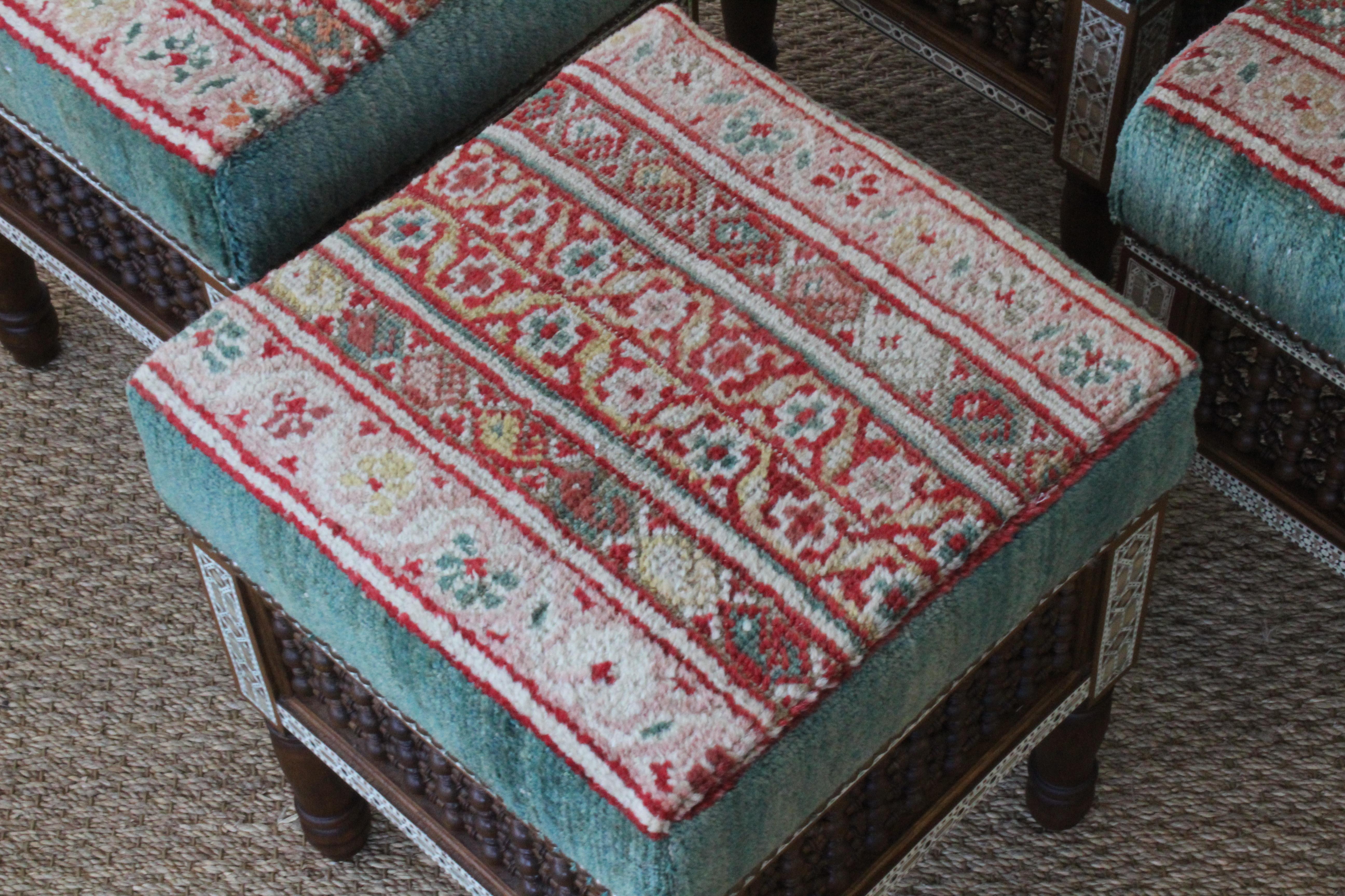 Mid-20th Century Pair of Upholstered Moorish Stools. One Pair Available.