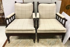 Pair of Upholstered Nailhead Spool Spindle Armchairs Barley Twist