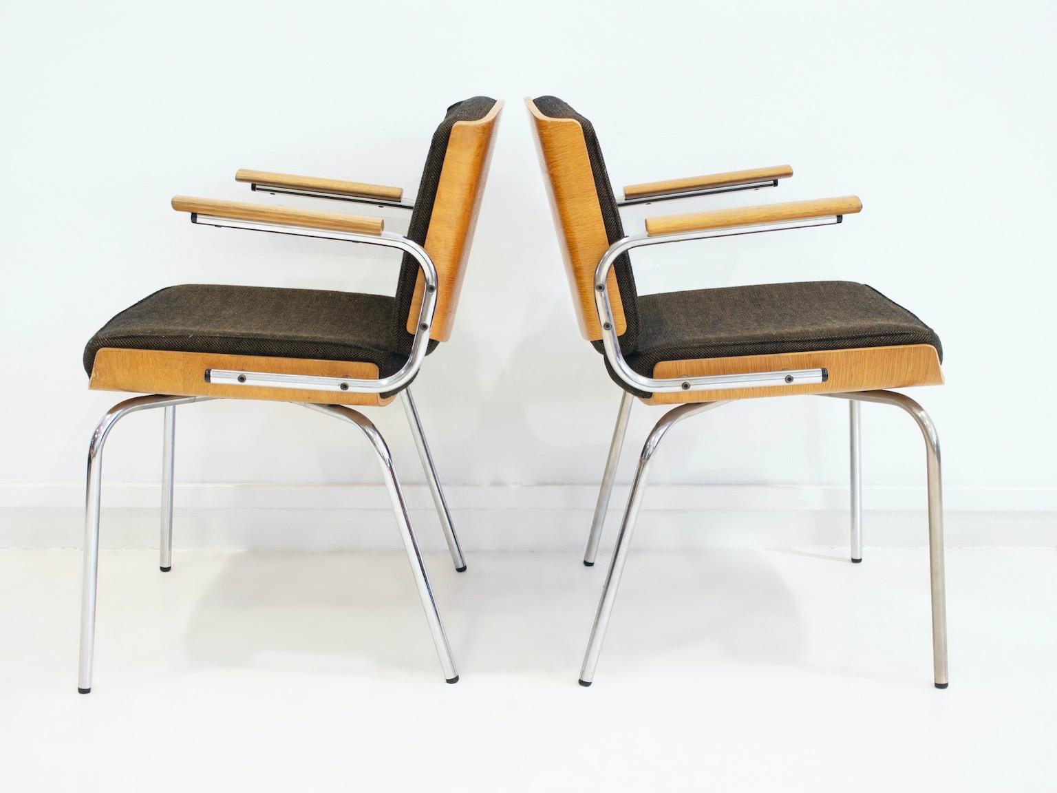 Pair of Upholstered Oak Plywood and Tubular Steel Armchairs 4