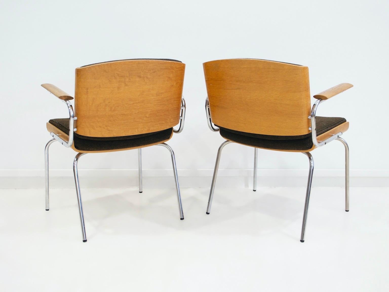 Pair of Upholstered Oak Plywood and Tubular Steel Armchairs 5