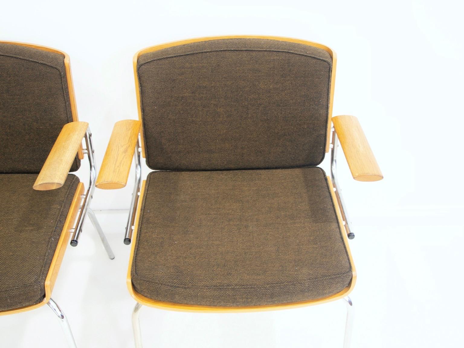 Danish Pair of Upholstered Oak Plywood and Tubular Steel Armchairs