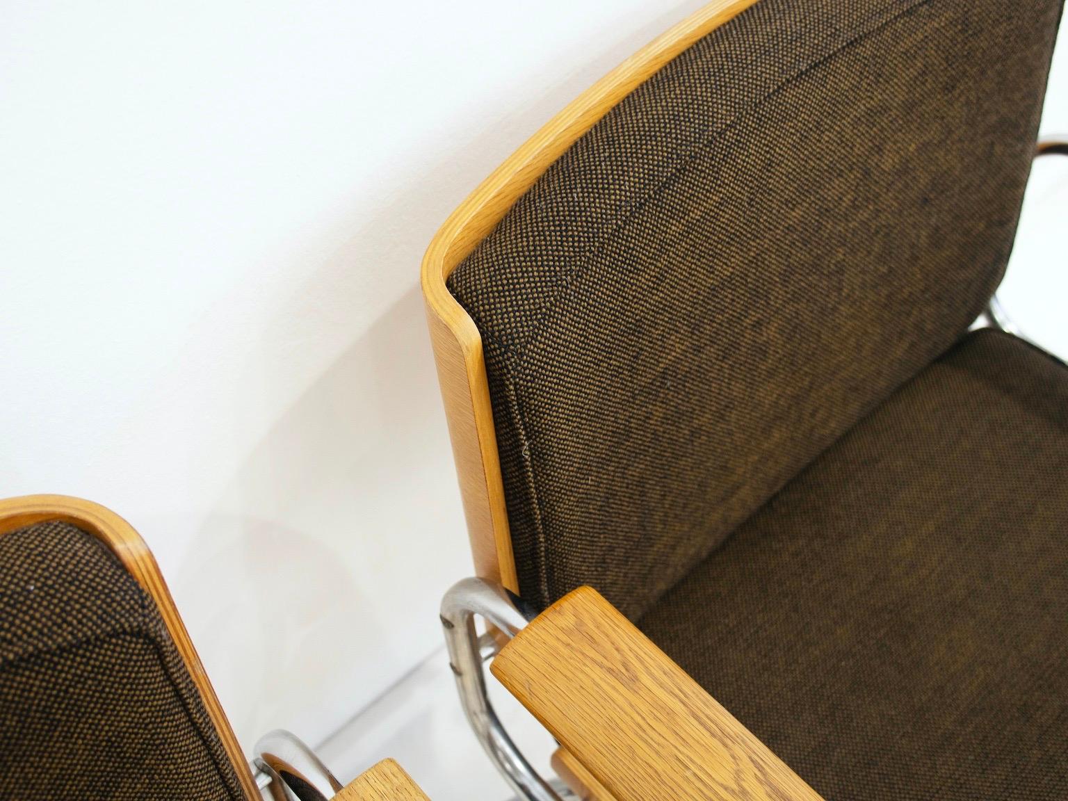 Pair of Upholstered Oak Plywood and Tubular Steel Armchairs 1