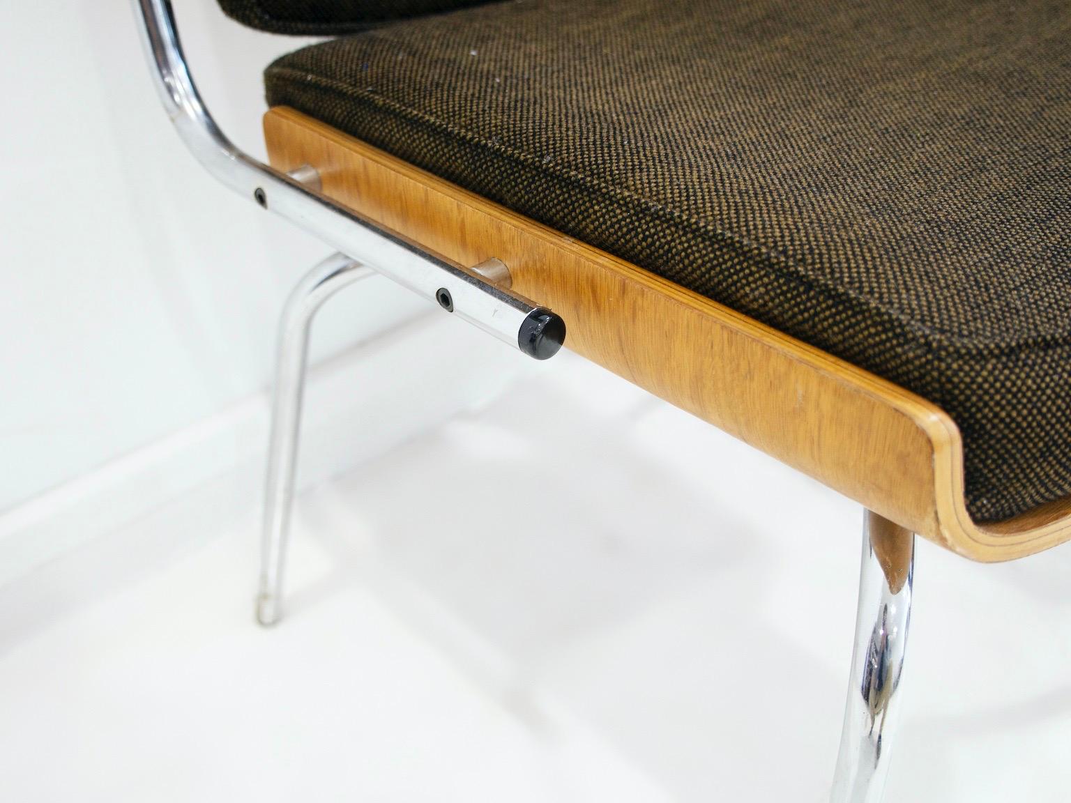 Pair of Upholstered Oak Plywood and Tubular Steel Armchairs 2
