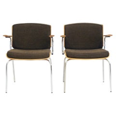 Pair of Upholstered Oak Plywood and Tubular Steel Armchairs
