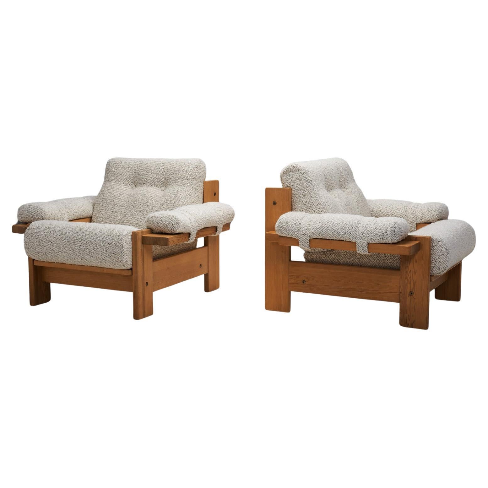 Pair of Upholstered Pine Armchairs, Europe 1970s For Sale