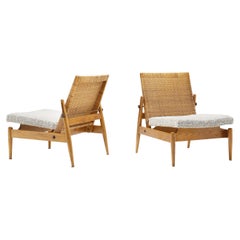 Pair of Upholstered Rattan and Wood Chairs for ULUV, Czechoslovakia ca 1960s