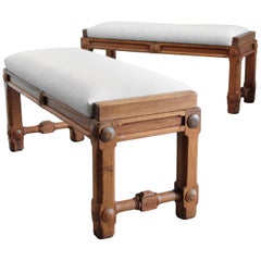 Pair of Upholstered Solid Walnut Ocean Liner Benches, English Early 20th Century