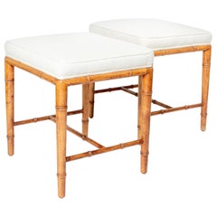 Pair of Upholstered Square Stools with Stylized Bamboo Wood Bases