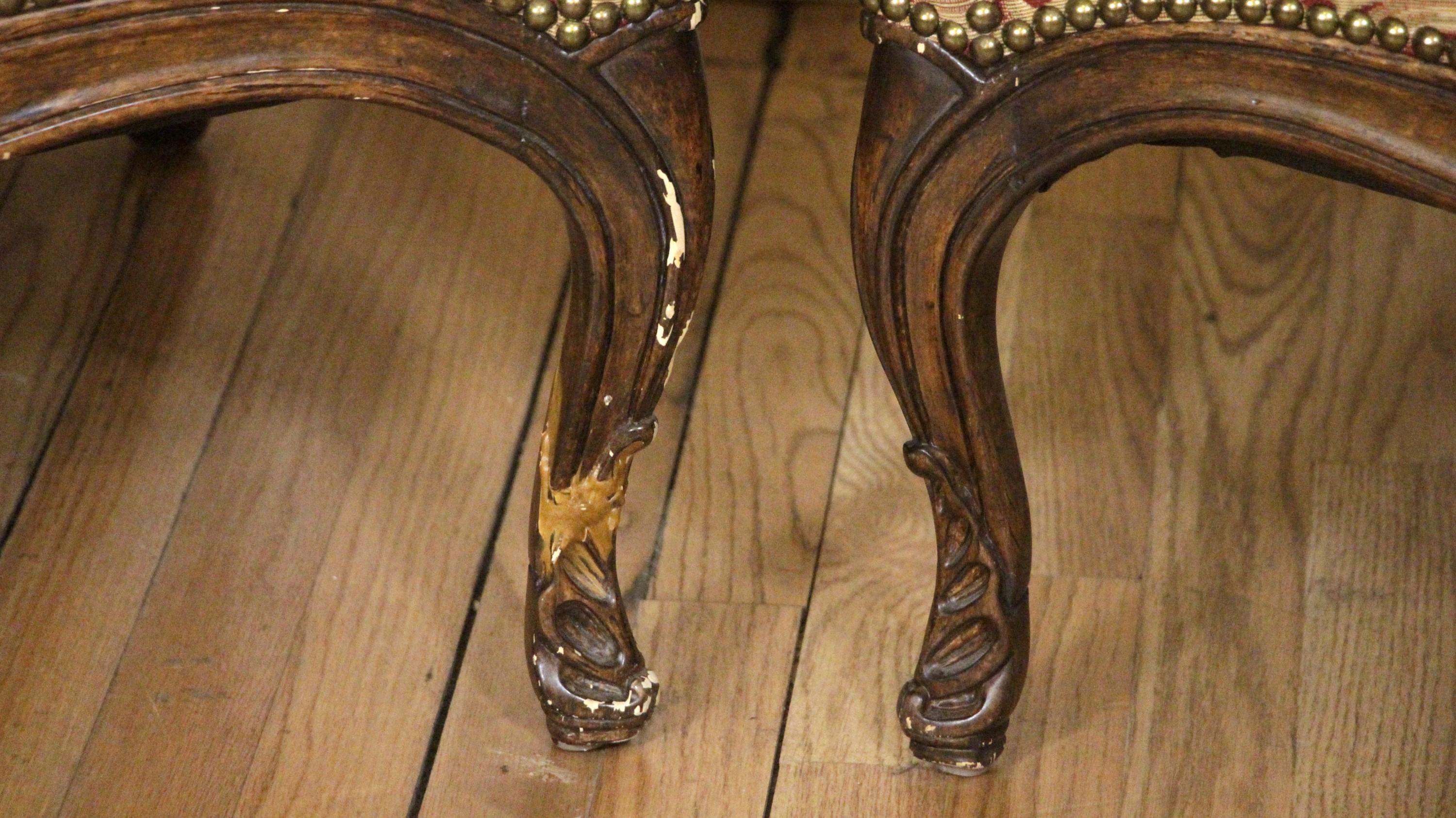 Pair of Upholstered Tan Wing Back Chairs w/ Ornate Figural Details 5