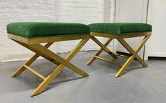 Pair of Upholstered Velvet and Brass X-Benches