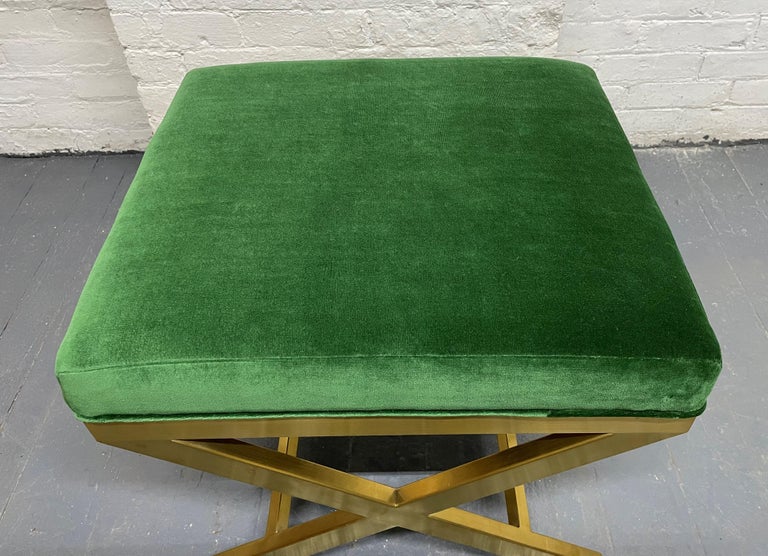 Pair of Upholstered Velvet and Brass XBenches For Sale at 1stDibs