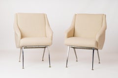 Pair of Upholstered "Visiteur" Chrome Plated Modern Armchairs - France 1970's
