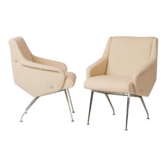 Pair of Upholstered "Visiteur" Chrome Plated Modern Armchairs - France 1970's