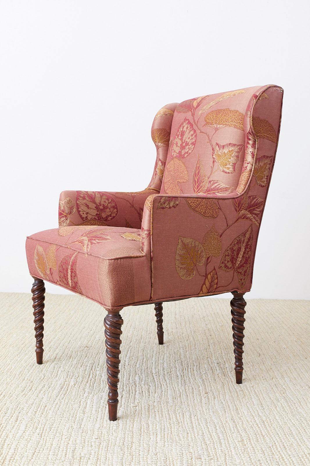 Pair of Upholstered Wingback Chairs with Barley Twist Legs 2