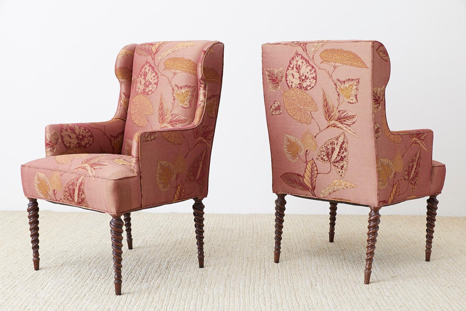 Pair of Upholstered Wingback Chairs with Barley Twist Legs 4